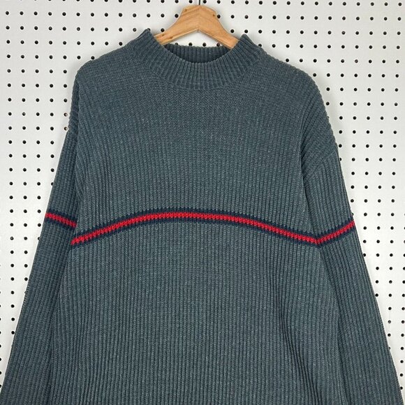 Y2k Mock Neck Knit Sweater Size XL Gray Red Striped Streetwear Skate Grandpa 90s - Picture 1 of 6
